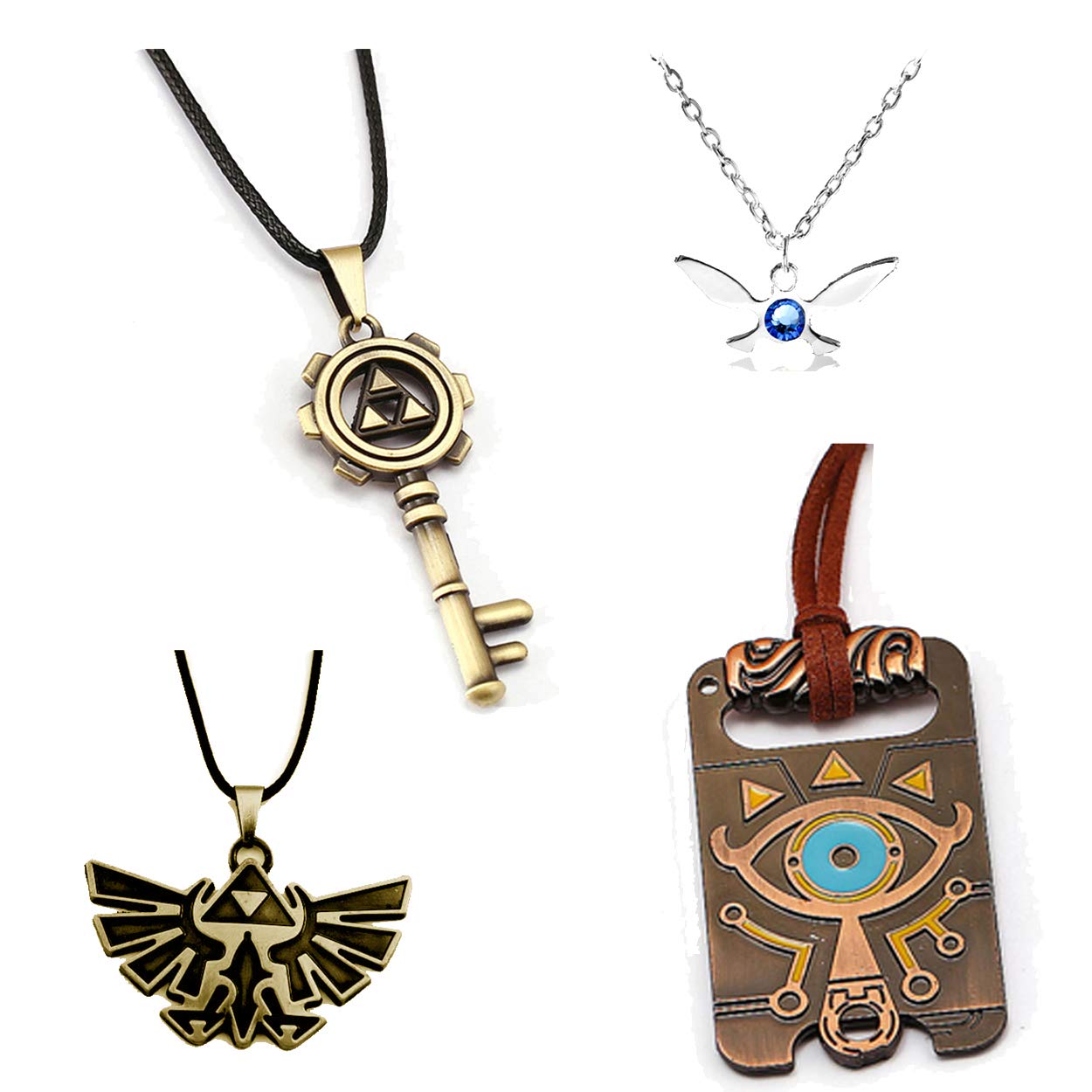 DoubleChin 4 Pc Zelda Necklaces - Navi Charm, Skeleton Key, Sheikah Slate, Hylian Crest