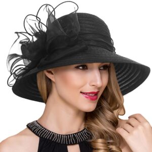 lady church derby dress cloche hat fascinator floral tea party wedding bucket hat s051 (black)