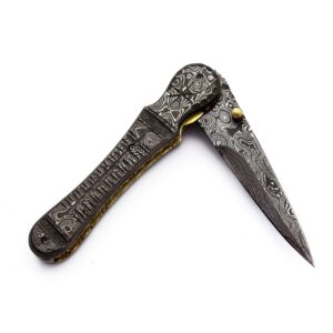 WolfKlinge Custom Handmade Damascus Steel Folding Pocket Knife for EDC,Hunting,Survival,Camping,Buschcraft and Fishing with Full Tang Damascus Handel with Cowhide-Leather Sheath DCF18-110