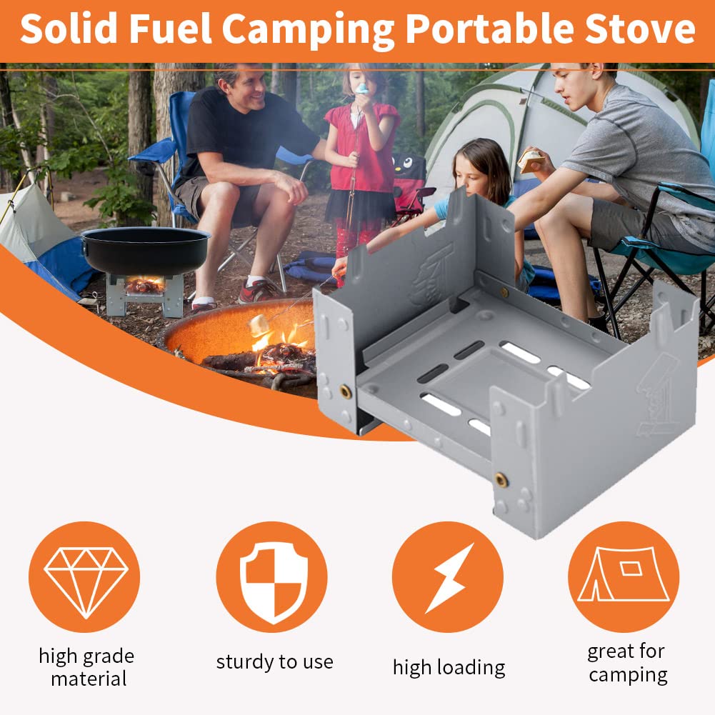 Folding Stove, 95 x 75mm Solid Fuel Camping Portable Stove for Outdoor Cooking Backpacking Emergency Stove For Indoor Use Fuel Tablets Wood Burning Camp Stove