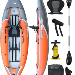 Driftsun Rover 120 Inflatable Kayak - 1 Person Adult White Water Single Rider Foldable Kayak Canoe Set with Padded Seat, Aluminium Paddle, Action Cam Mount, Pump, High Pressure Floor & Travel Bag