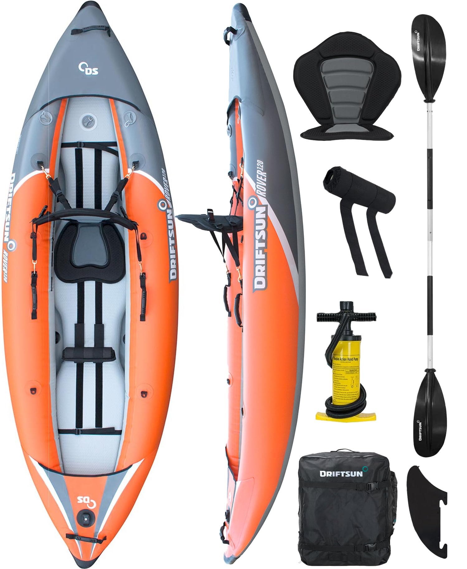 Driftsun Rover 120 Inflatable Kayak - 1 Person Adult White Water Single Rider Foldable Kayak Canoe Set with Padded Seat, Aluminium Paddle, Action Cam Mount, Pump, High Pressure Floor & Travel Bag