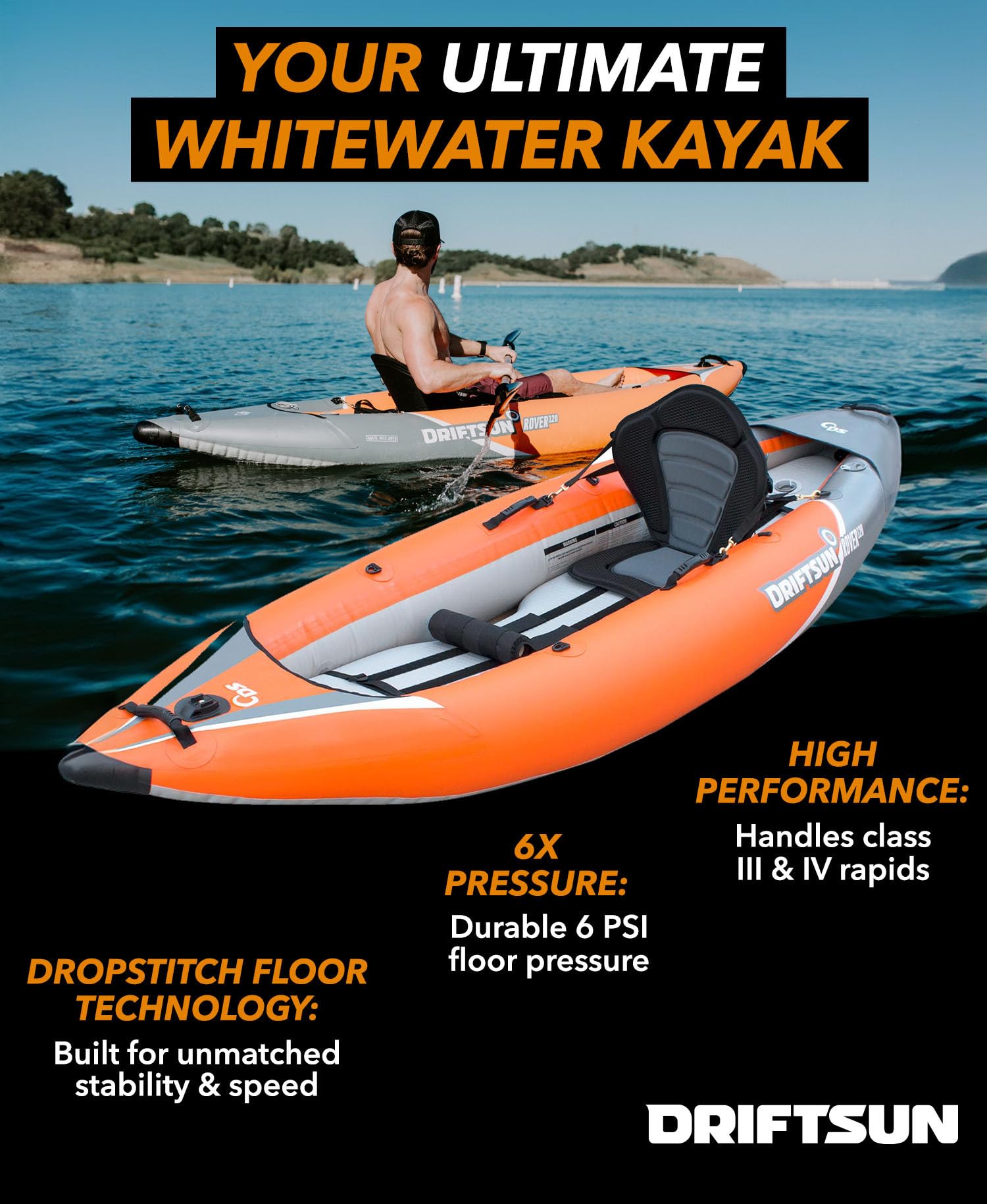 Driftsun Rover 120 Inflatable Kayak - 1 Person Adult White Water Single Rider Foldable Kayak Canoe Set with Padded Seat, Aluminium Paddle, Action Cam Mount, Pump, High Pressure Floor & Travel Bag