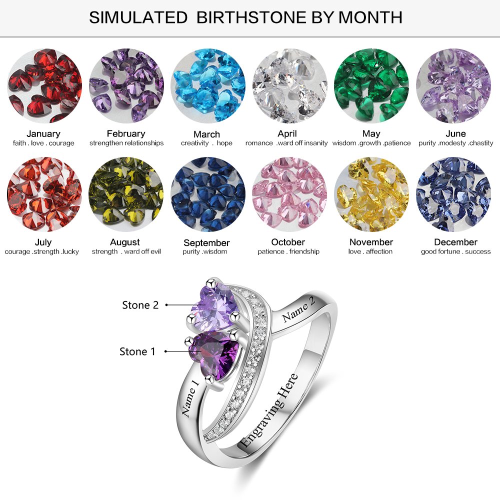 Diamondido Personalized Name Rings 2 Simulated Birthstones Promise Rings for Women Couple Engagement Rings Band (8)