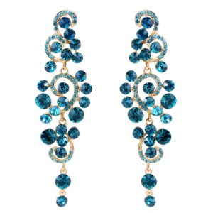 brilove wedding bridal statement earrings for women bohemian boho crystal floral hollow chandelier dangle earrings blue topaz color gold-toned