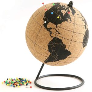 globe trekkers - mini cork globe with 50 different colored push pins & durable stainless steel base | great for mapping travels & educational purposes | does not have plastic strip like most