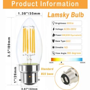 Lamsky 4-Pack 6W B22 Bayonet LED Filament Candle Light Bulb,2700K Warm White 600LM,C35 Shape Bullet Top,60W Incandescent Equivalent,Non-dimmable