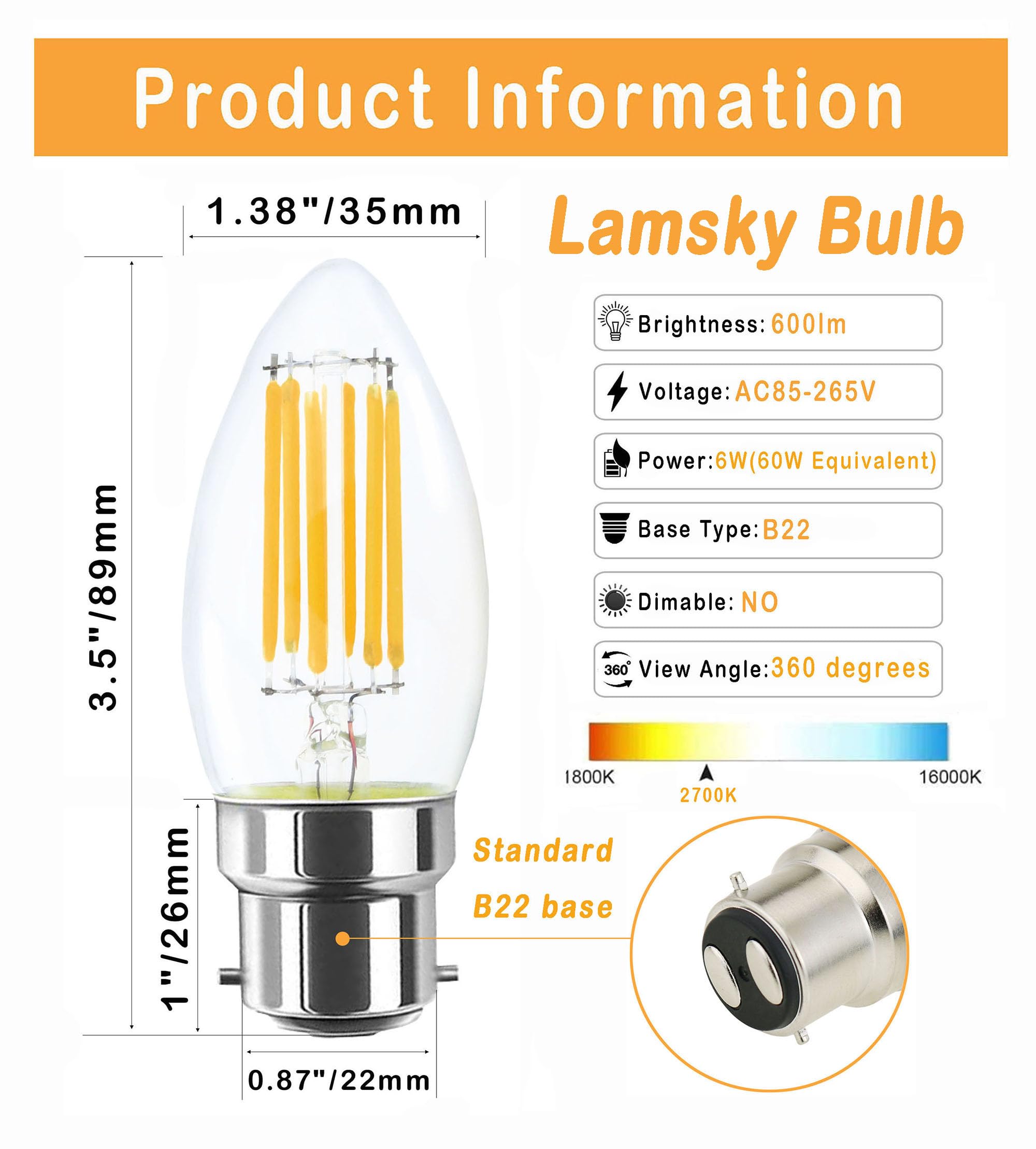 Lamsky 4-Pack 6W B22 Bayonet LED Filament Candle Light Bulb,2700K Warm White 600LM,C35 Shape Bullet Top,60W Incandescent Equivalent,Non-dimmable