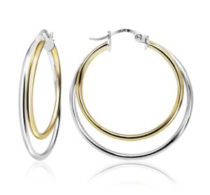 sterling silver two-tone double circle round-tube polished hoop earrings, 30mm