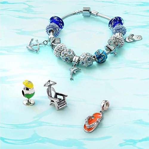 Tropical Vacation Travel Colorful Umbrella Beach Lounge Chair Dangle European Charm Bead For Women Enamel .925 Sterling Silver Fits European Bracelet