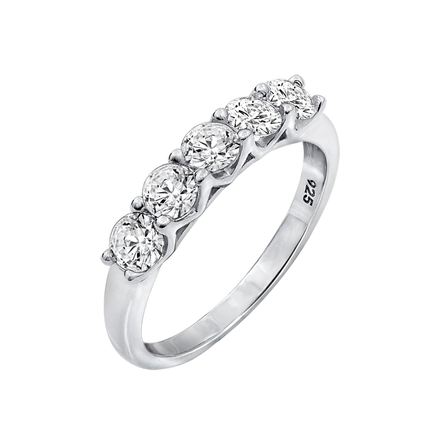 DIAMONBLISS Platinum Clad Sterling Silver 100-Facet 5-Stone Cubic Zirconia Band Ring (7)