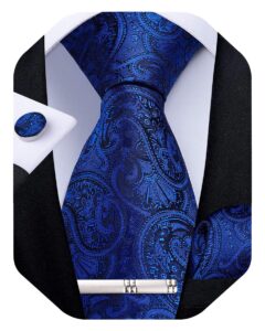 dibangu paisley ties for men silk necktie and pocket square cufflinks tie clip set woven classic mens tie for wedding party, royal blue