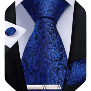 DiBanGu Paisley Ties for Men Silk Necktie and Pocket Square Cufflinks Tie Clip Set Woven Classic Mens Tie for Wedding Party, Royal Blue