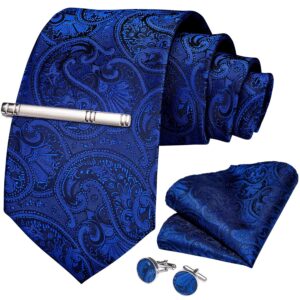 DiBanGu Paisley Ties for Men Silk Necktie and Pocket Square Cufflinks Tie Clip Set Woven Classic Mens Tie for Wedding Party, Royal Blue