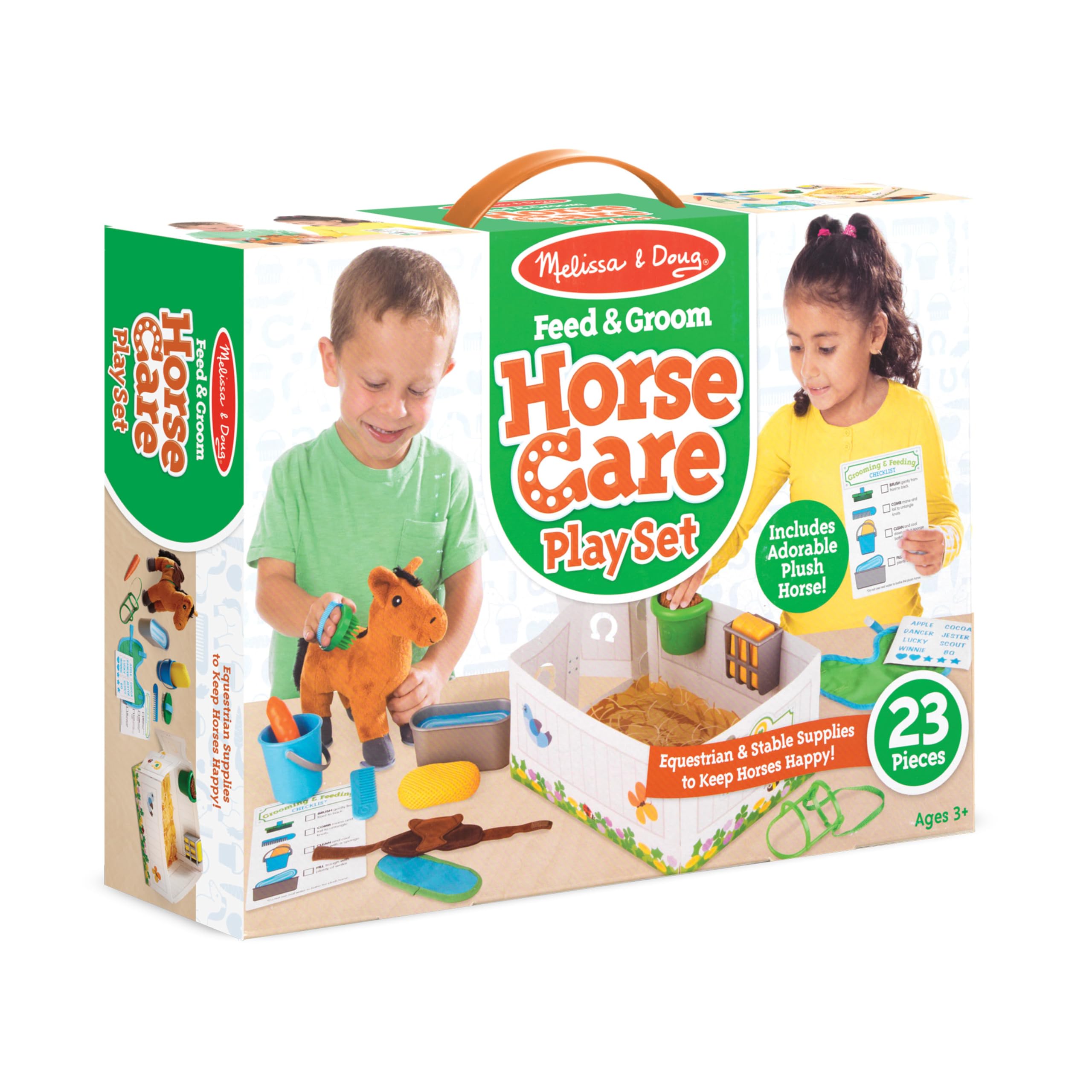 Melissa & Doug Feed & Groom Horse Care Play Set With Plush Stuffed Animal (23 pcs) - Pretend Play Horse Plush Toys For Girls And Boys Toddlers Ages 1+, Multi-colored