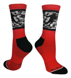 madsportsstuff lacrosse socks with player on camo background crew socks (red/black, large)