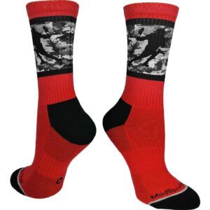 MadSportsStuff Lacrosse Socks with Player on Camo Background Crew Socks (Red/Black, Large)