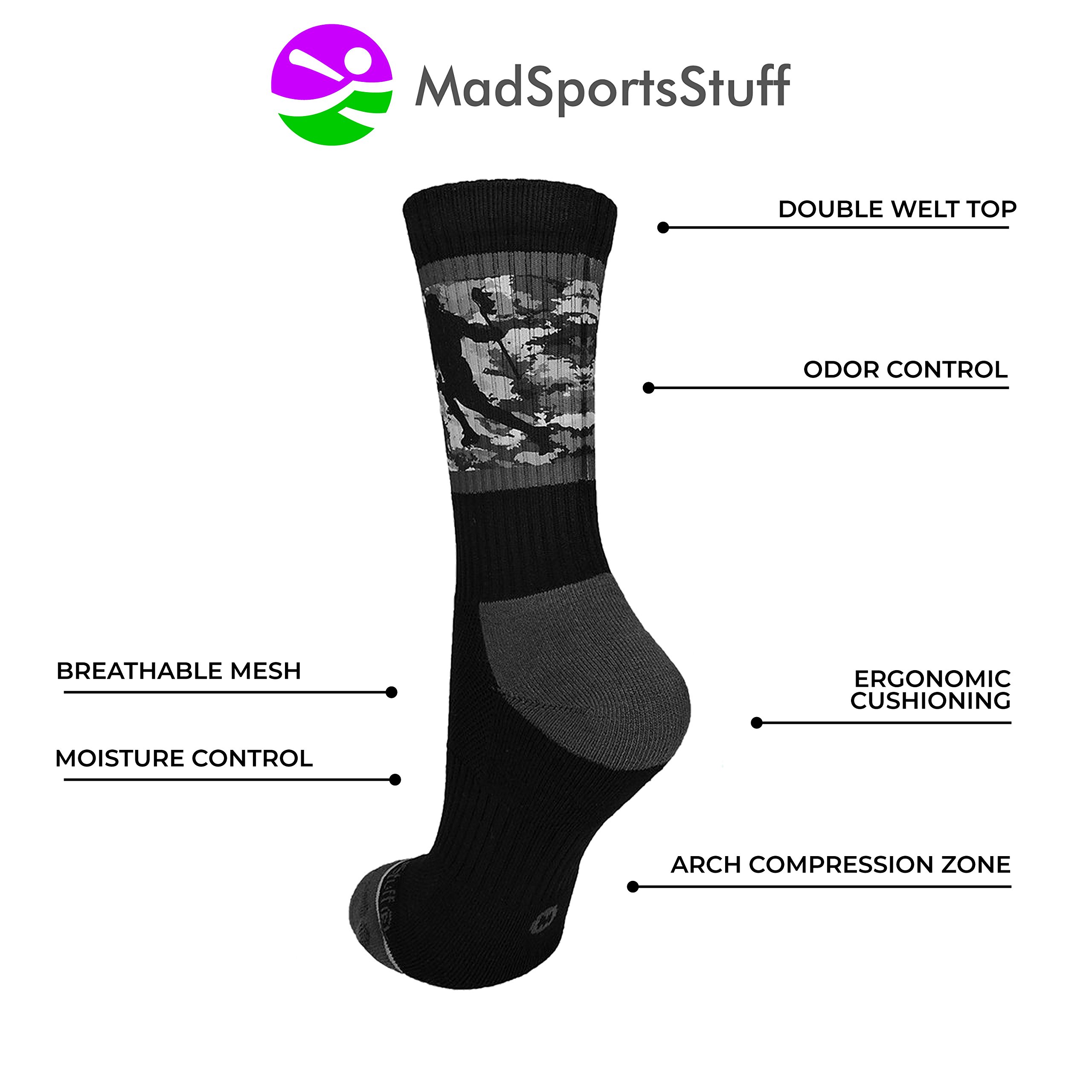 MadSportsStuff Lacrosse Socks with Player on Camo Background Crew Socks (Red/Black, Large)