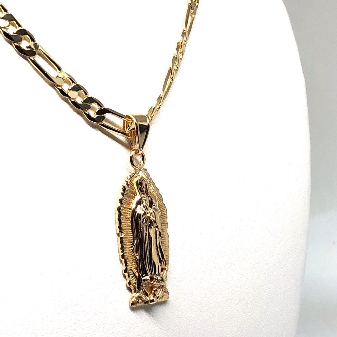 Gold Plated Virgin Mary Pendant Necklace Figaro 26" Virgen de Guadalupe Medalla Oro Laminado