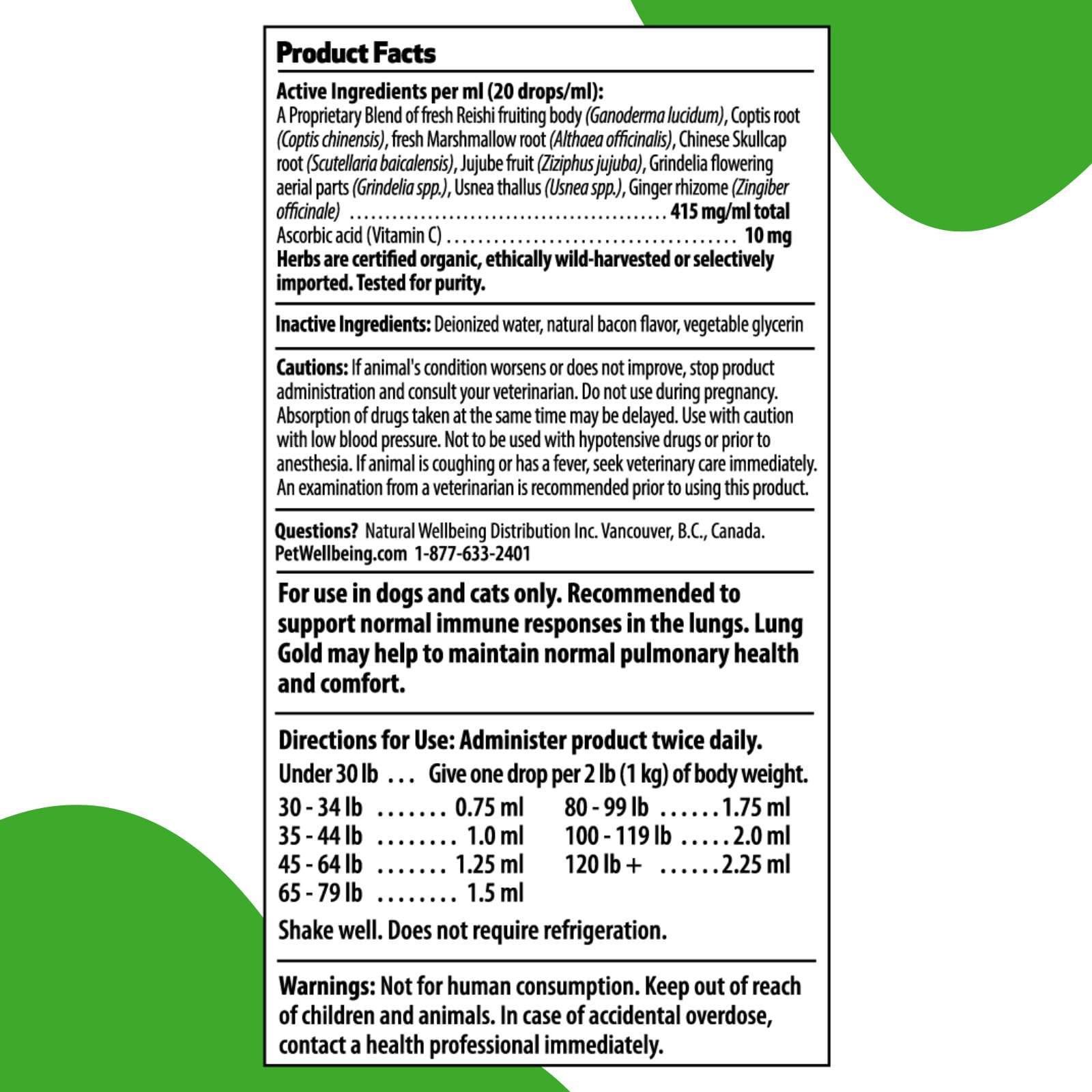 Pet Wellbeing Lung Gold for Dogs & Cats - Vet-Formulated - Lung & Respiratory Immune Support, Open Airways, Easy Breathing - Natural Herbal Supplement 4 oz (18 ml)