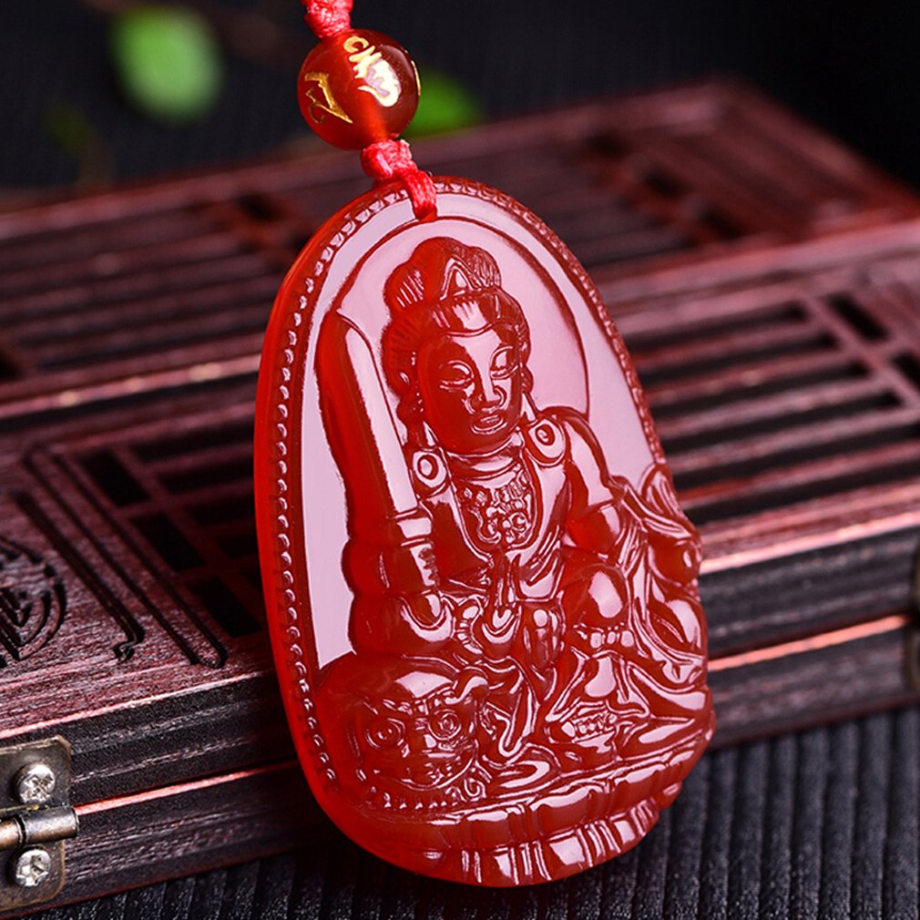 c1lint Buddha Pendant Necklace Bodhisattva Amulet Talisman Made of Agate Gemstone red green (red agate Manjushri (Wisdom))