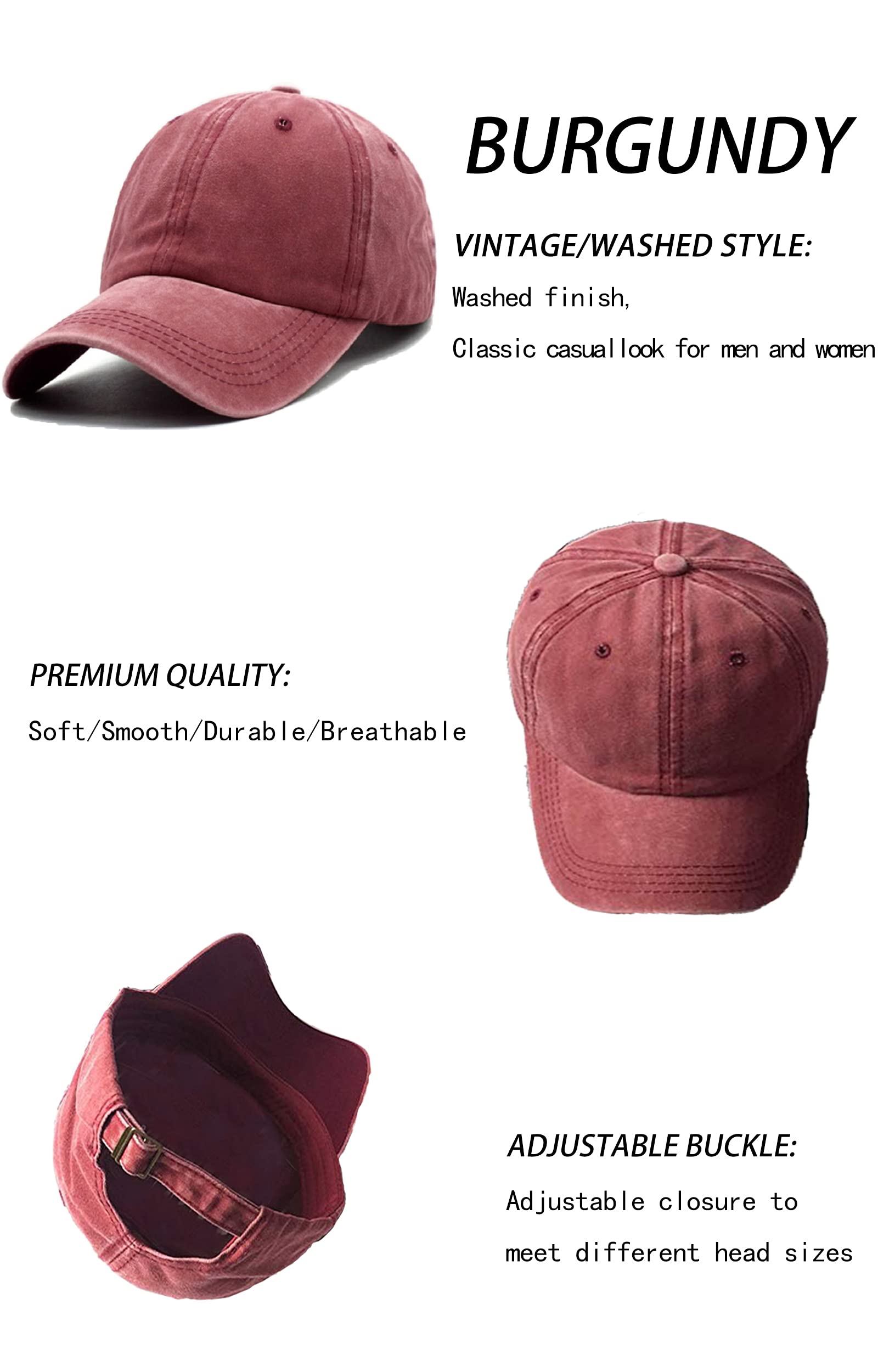 Unisex Vintage Washed Distressed Baseball Cap Twill Adjustable Dad Hat,C-burgundy,One Size