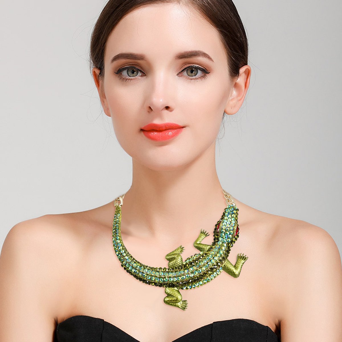 BriLove Women's Gothic Stylish Crystal Crocodile Statement Necklace Green Gold-Tone