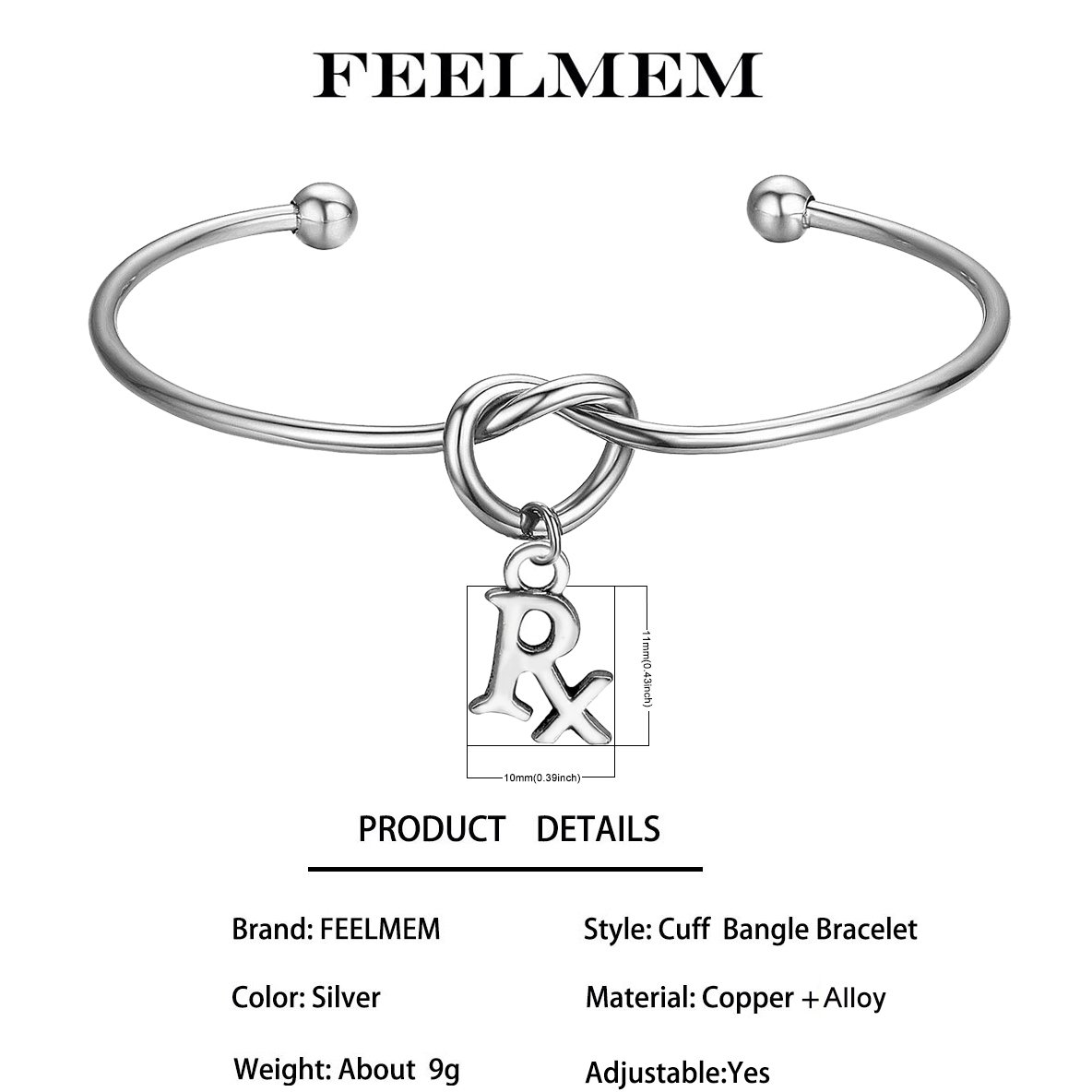 FEELMEM Rx Pharmacist Pharmacy Bracelet Love Knot Bangle with RX Symbol Charm Bracelet Graduation Gift(RX charm-Silver)