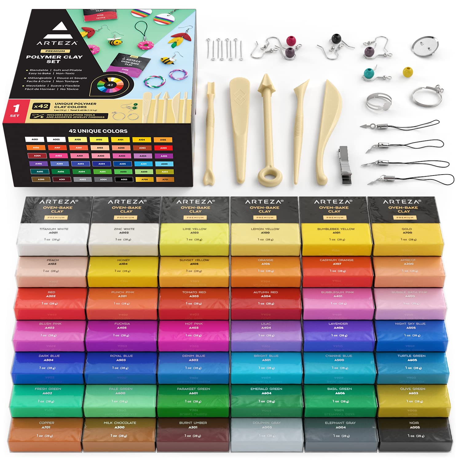 Arteza Polymer Clay Kit, Modeling Clay Oven Bake for Adults and Teens with 5 Sculpting Tools, 42 Colors, Made for Clay Earrings, Jewelry Making and Crafts