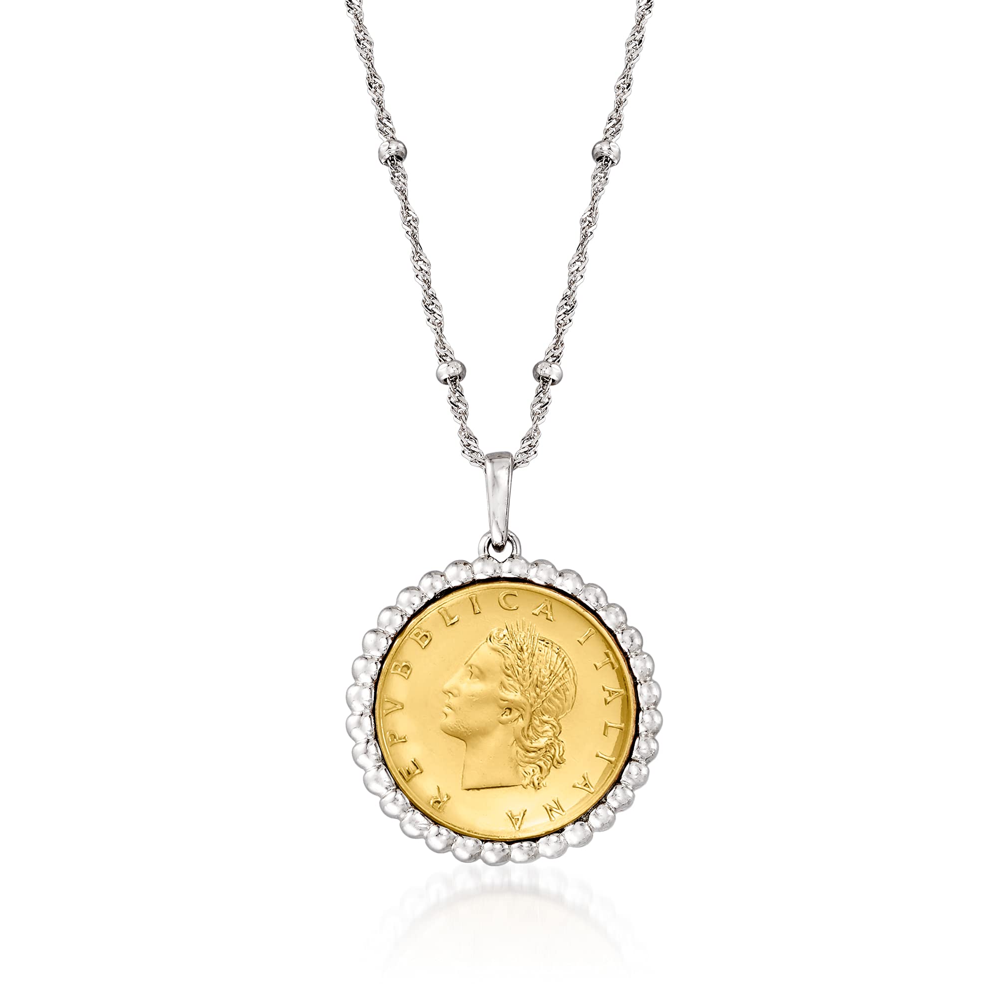 Ross-Simons Italian Genuine 20-Lira Coin Pendant Necklace in Sterling Silver. 18 inches