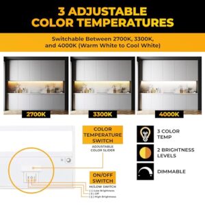 NSL LED Under Cabinet Lighting Dimmable Hardwired or Plugged-in Installation - 3 Color Temperature Slide Switch - Warm White (2700K), Soft White (3000K), Cool White (4000K) - 9 Inch White Finish