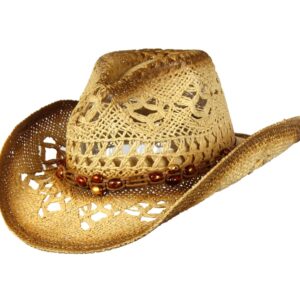 Saddleback Hats Shapeable Toyo Straw Cowboy Hat w/Beaded Trim Band, Western Cowgirl, Natural, One Size