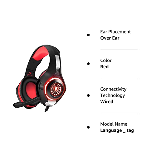 BlueFire Stereo Gaming Headset for PlayStation 4 PS4, Over-Ear Headphones With Mic and LED Lights for Xbox One, PC, Laptop (Red)