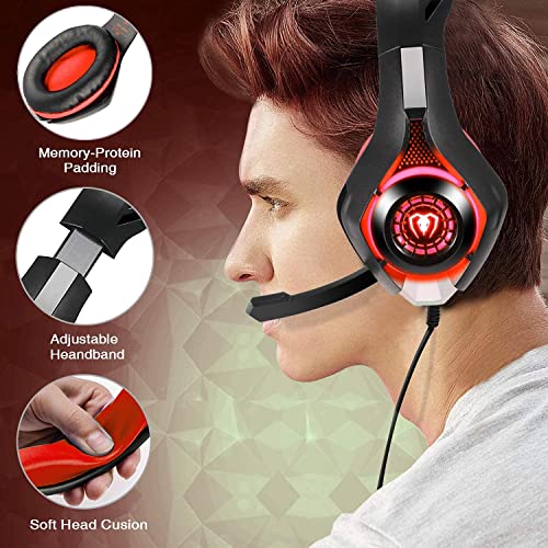 BlueFire Stereo Gaming Headset for PlayStation 4 PS4, Over-Ear Headphones With Mic and LED Lights for Xbox One, PC, Laptop (Red)