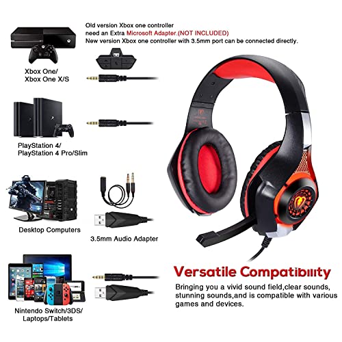 BlueFire Stereo Gaming Headset for PlayStation 4 PS4, Over-Ear Headphones With Mic and LED Lights for Xbox One, PC, Laptop (Red)