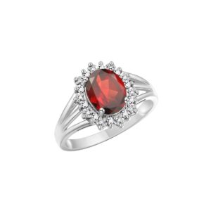 Diamond & Garnet Ring Set In Sterling Silver .925 Halo Princess Diana Inspired Designer Stylish Size 7.25