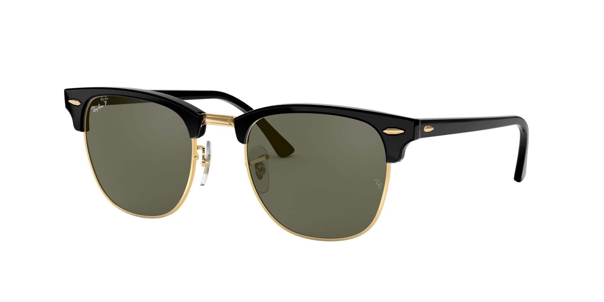 Ray-Ban RB3016F Clubmaster Low Bridge Fit Square Sunglasses, Black/Polarized G-15 Green, 55 mm