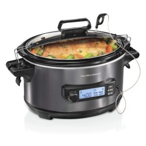 hamilton beach portable 6 quart set & forget digital programmable slow cooker with lid lock, temperature probe, dishwasher safe crock & lid, black stainless (33866)