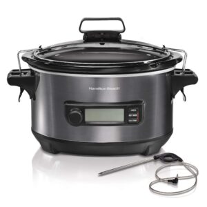 Hamilton Beach Portable 6 Quart Set & Forget Digital Programmable Slow Cooker with Lid Lock, Temperature Probe, Dishwasher Safe Crock & Lid, Black Stainless (33866)