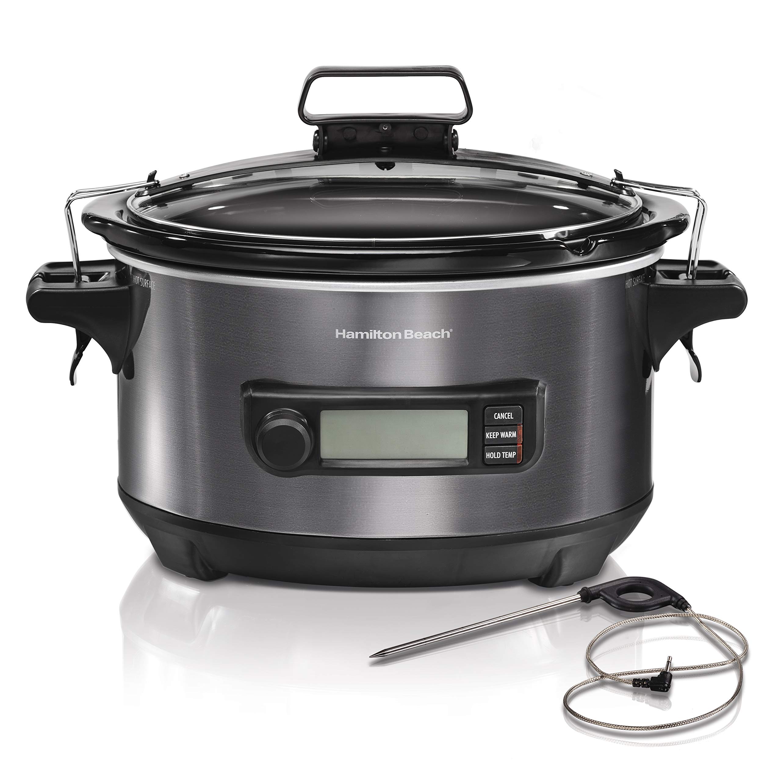 Hamilton Beach Portable 6 Quart Set & Forget Digital Programmable Slow Cooker with Lid Lock, Temperature Probe, Dishwasher Safe Crock & Lid, Black Stainless (33866)