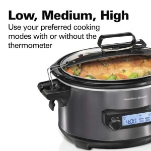 Hamilton Beach Portable 6 Quart Set & Forget Digital Programmable Slow Cooker with Lid Lock, Temperature Probe, Dishwasher Safe Crock & Lid, Black Stainless (33866)