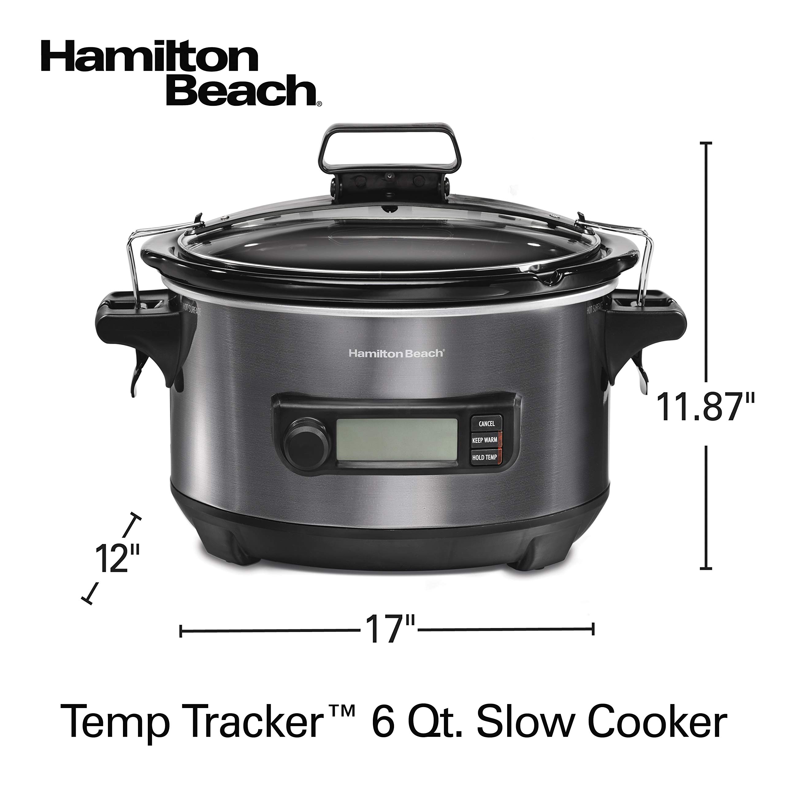 Hamilton Beach Portable 6 Quart Set & Forget Digital Programmable Slow Cooker with Lid Lock, Temperature Probe, Dishwasher Safe Crock & Lid, Black Stainless (33866)