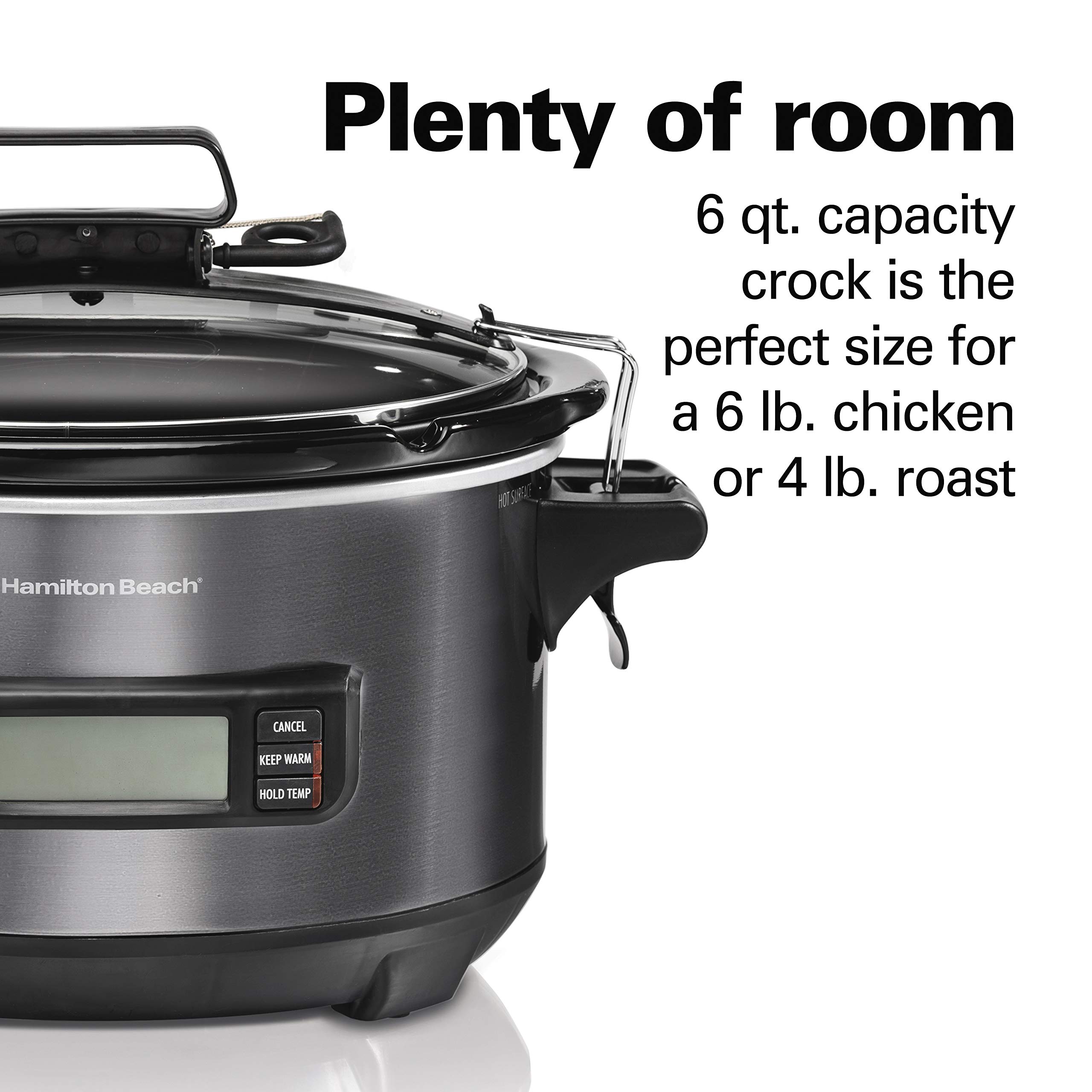 Hamilton Beach Portable 6 Quart Set & Forget Digital Programmable Slow Cooker with Lid Lock, Temperature Probe, Dishwasher Safe Crock & Lid, Black Stainless (33866)