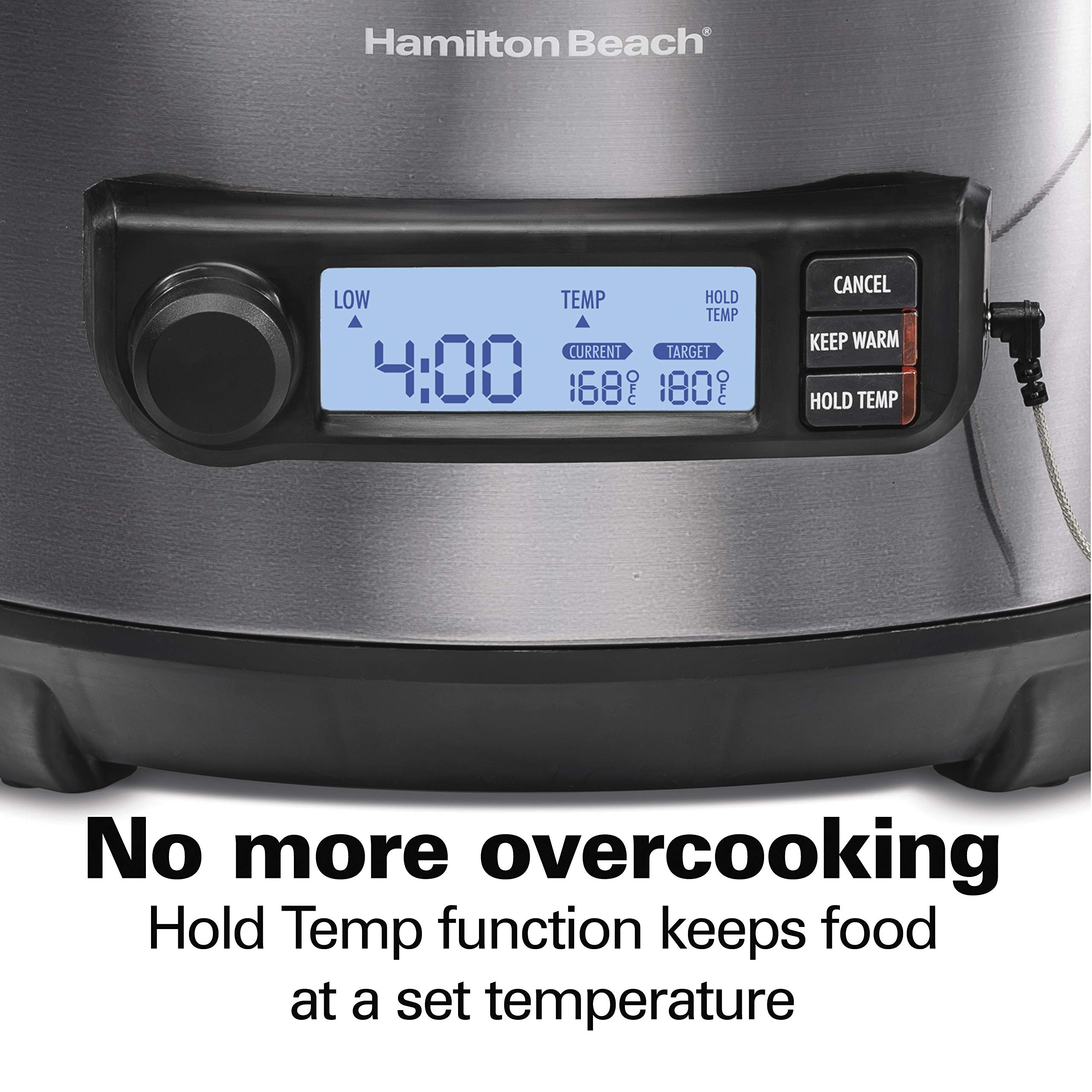 Hamilton Beach Portable 6 Quart Set & Forget Digital Programmable Slow Cooker with Lid Lock, Temperature Probe, Dishwasher Safe Crock & Lid, Black Stainless (33866)