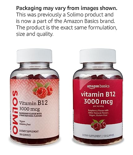 Amazon Basics Vitamin B12 3000 mcg Gummies, Normal Energy Production and Metabolism, Immune System Support, Raspberry, 100 Count (2 per serving) (Previously Solimo)