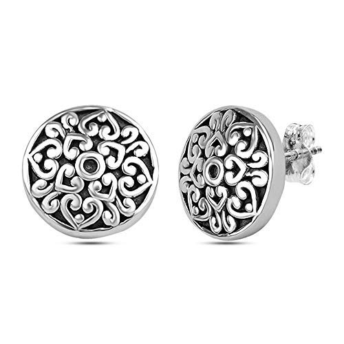 LeCalla Sterling Silver Jewelry Filigree Stud Earrings Lightweight Antique Round Filigree Cut Chunky Stud Earring for Women - 14mm