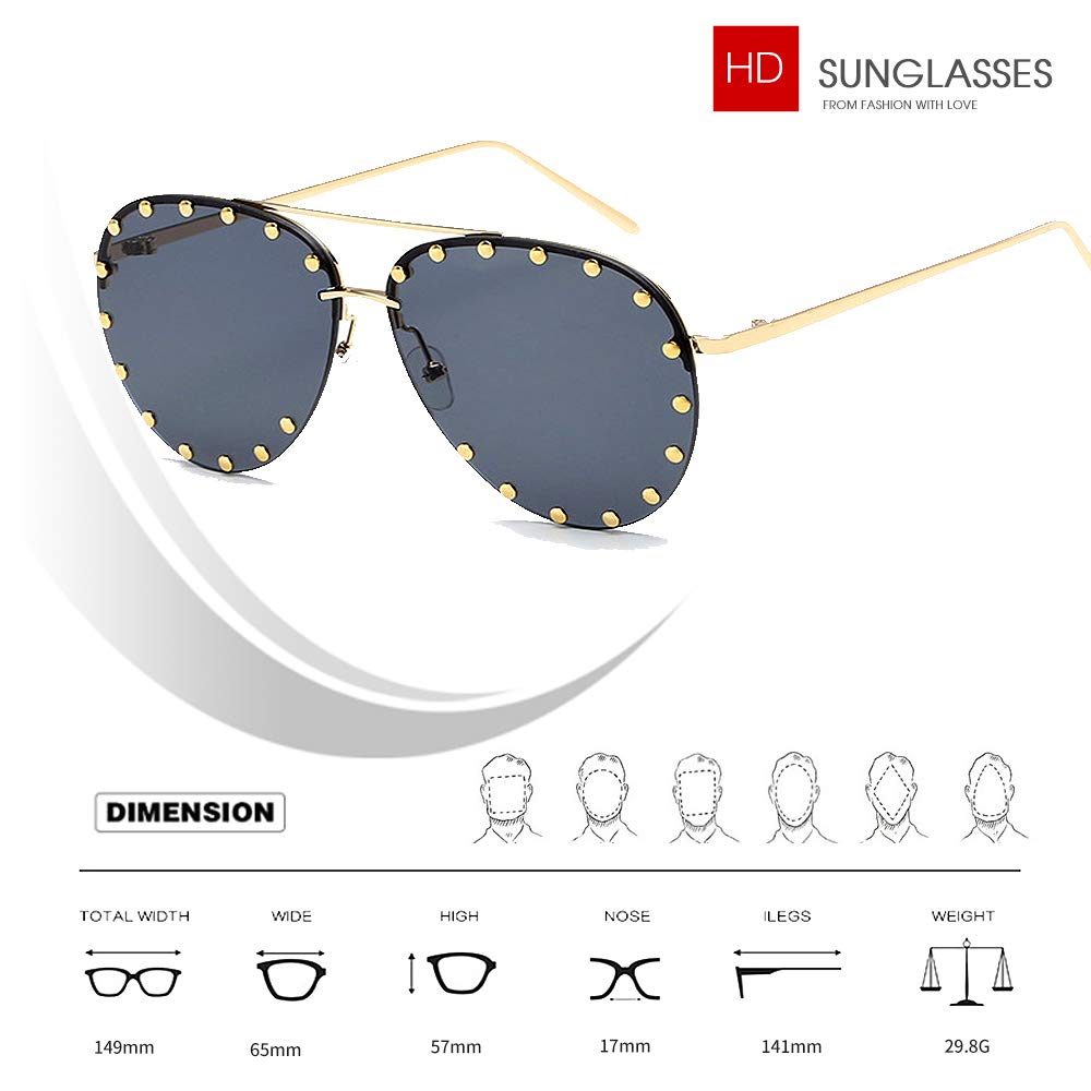 BVAGSS Women Rimless Oversized Studded Sunglasses Gradient Color Lens Rivet Fashion Lightweight Design WS027 (Gold Frame, Gray)