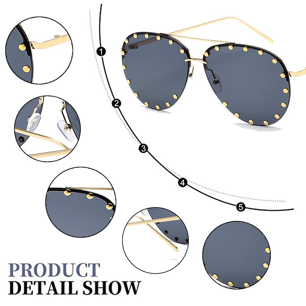 BVAGSS Women Rimless Oversized Studded Sunglasses Gradient Color Lens Rivet Fashion Lightweight Design WS027 (Gold Frame, Gray)