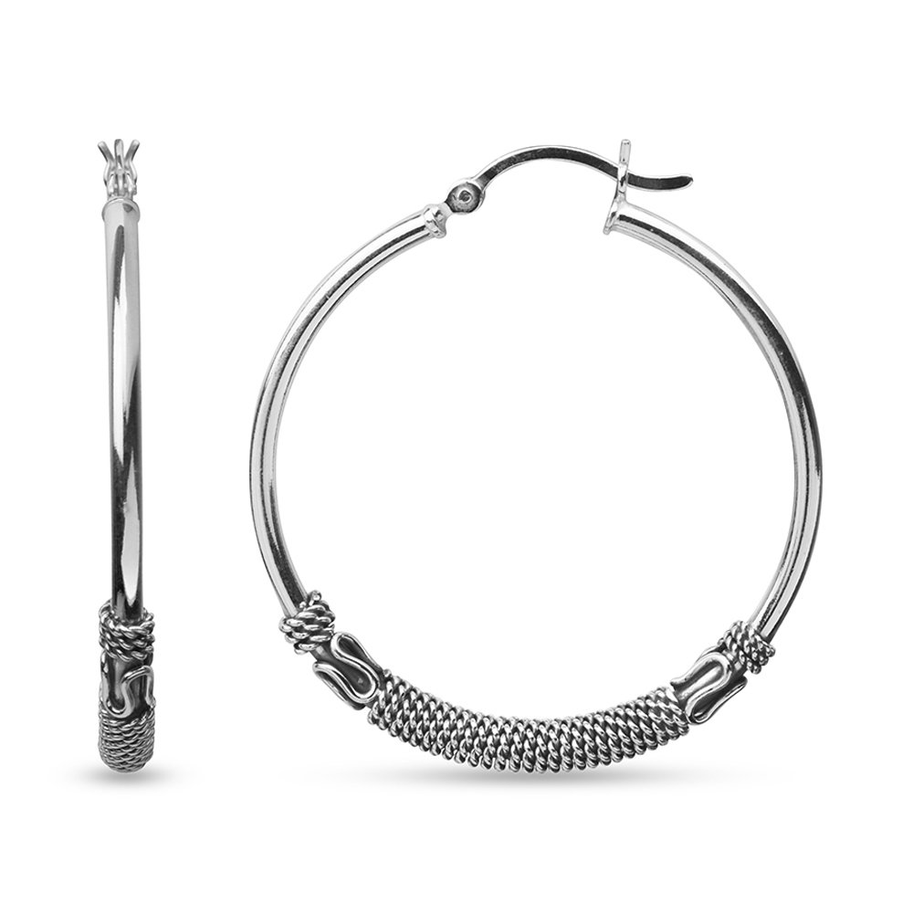 LeCalla 925 Sterling Silver Balinese Hoop Earrings Jewelry | Lightweight Medium Large Antique Bali Style Earring Hoops for Women - 38mm