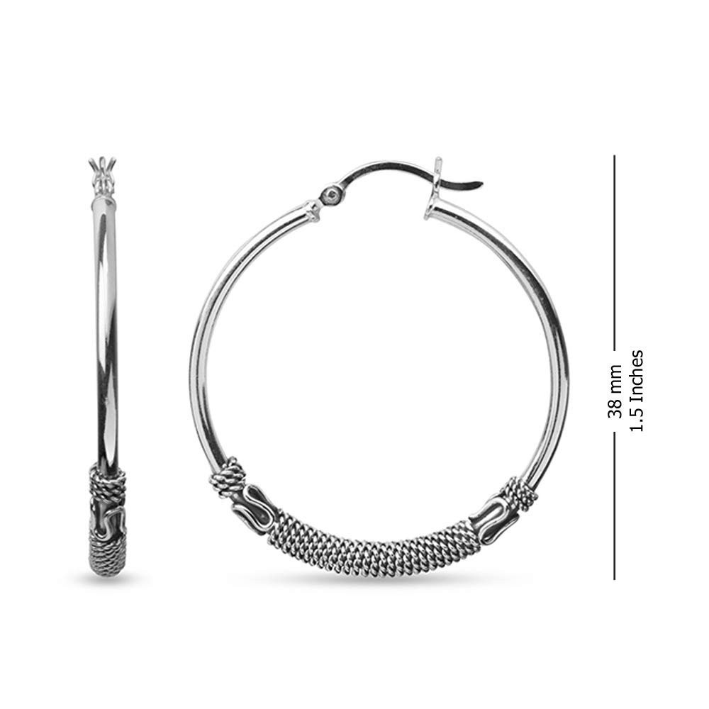 LeCalla 925 Sterling Silver Balinese Hoop Earrings Jewelry | Lightweight Medium Large Antique Bali Style Earring Hoops for Women - 38mm